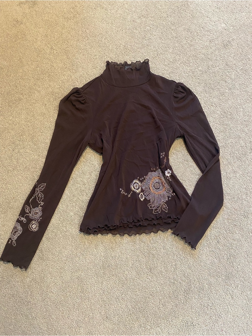 Floral Embroidered Mock Neck Long-Sleeve Top - Brown